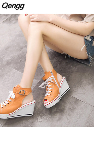 Niulatu High Top Canvas Shoes Women's Fish Mouth Canvas Sandals Sloped Heel Hollow Out Women's Shoes Wedges Shoes for Women DJSE